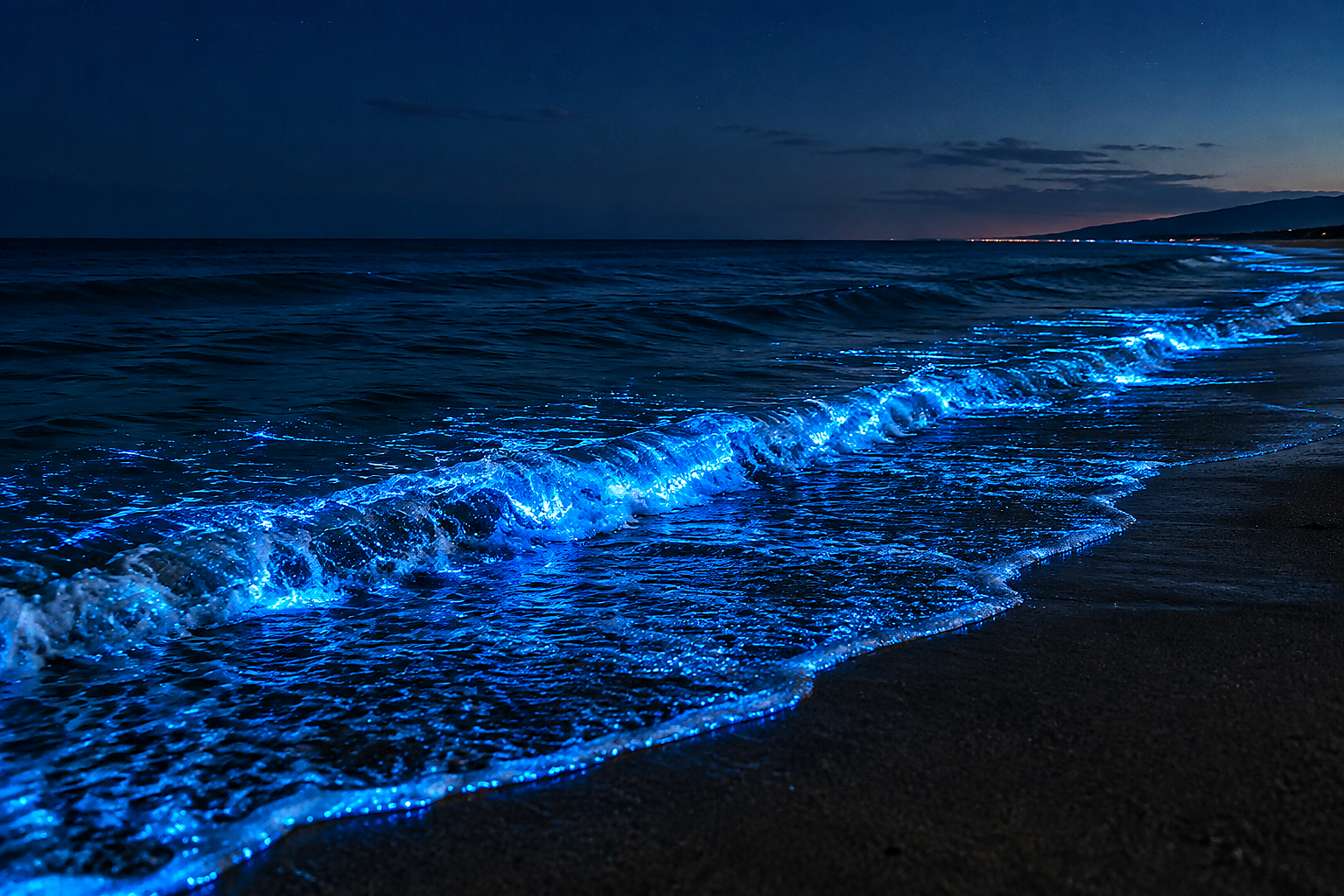 Blue bioluminescent waves at night